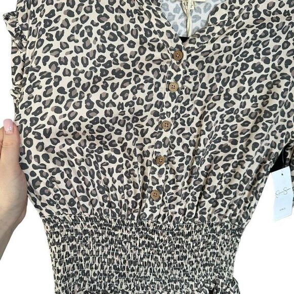 NWT Jessica Simpson Smocked Leopard Print Button Front Dress Black Tan - Picture 4 of 7